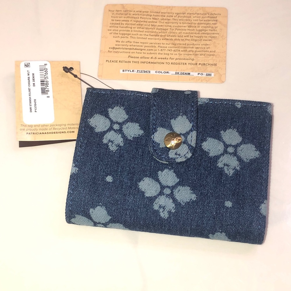 Patricia Nash Chiara Denim Stonewashed Floret Snap Wallet Color Dark Denim NWT